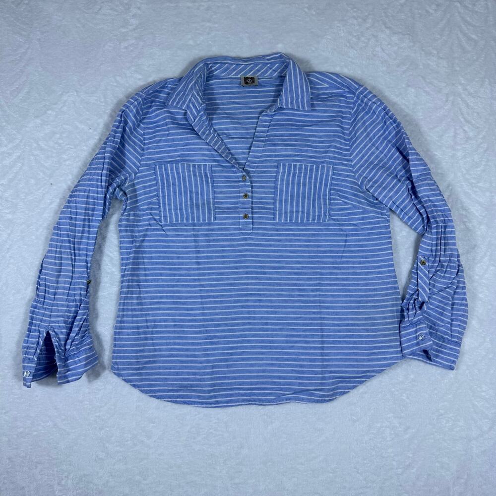 Anne Klein Womens Large Cotton Linen Blue/White Striped Long Sleeve Shirt V-Neck